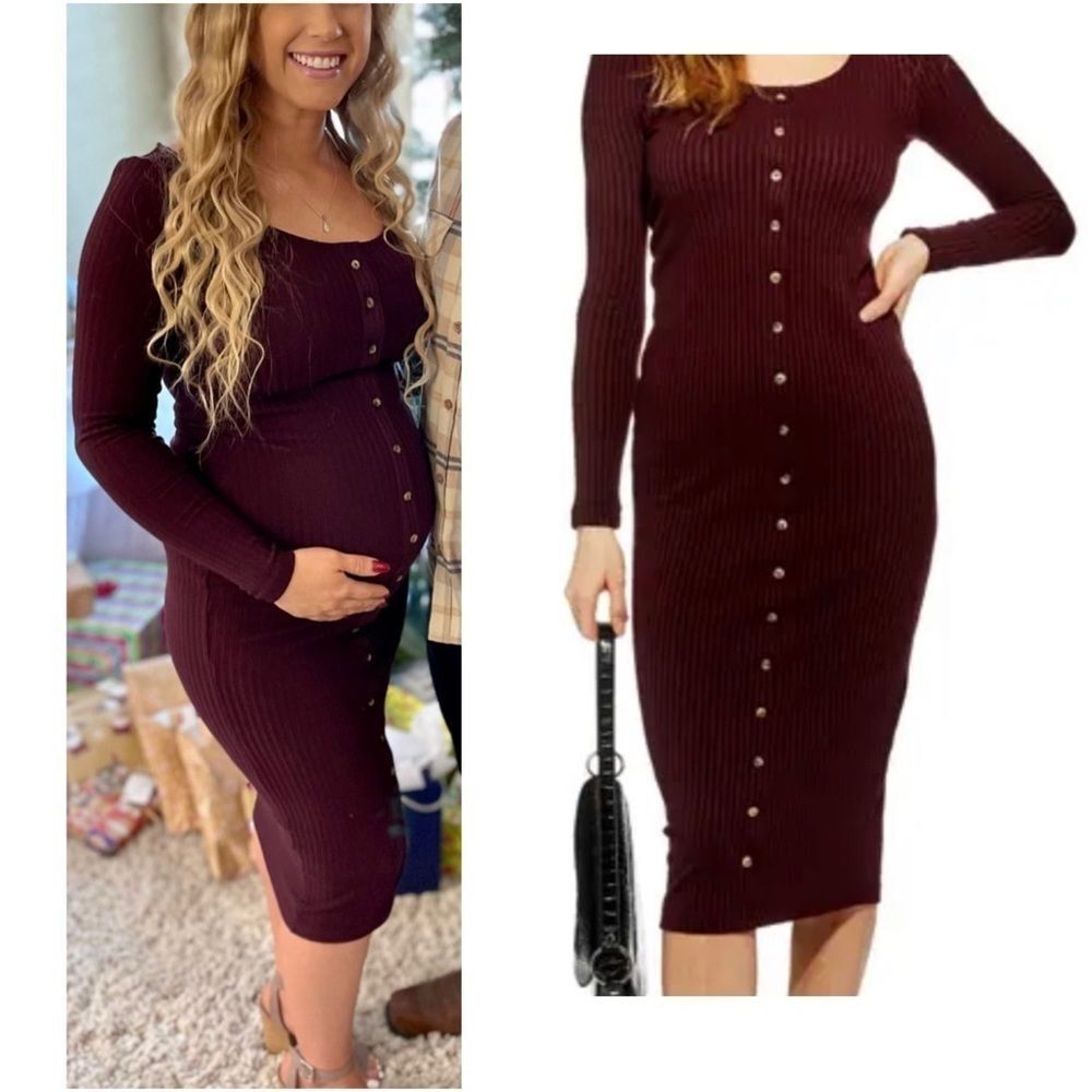 Topshop Bump Friendly Ribbed Long Sleeve Button Down Midi Dress - Maroon